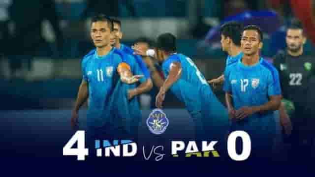 Image for IND vs PAK: India beat Pakistan 4-0 in SAFF Championship; Sunil Chhetri kicked a hat trick. Check out full Details