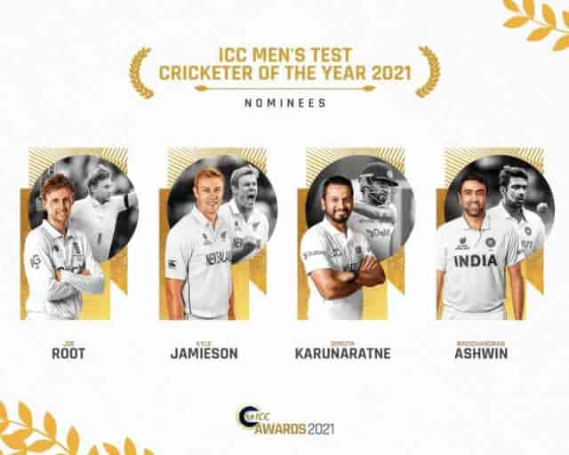 Image for ICC Test Cricketer of the Year 2021 Nominees - R Ashwin, Joe Root, Kyle Jamieson