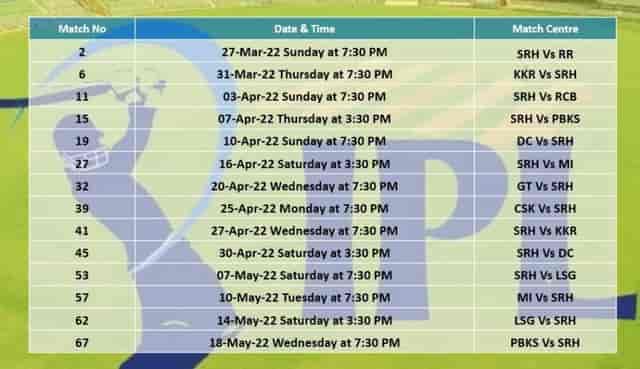 Image for IPL 2022: Sunrisers Hyderabad (SRH) Full Schedule &amp; Time Table