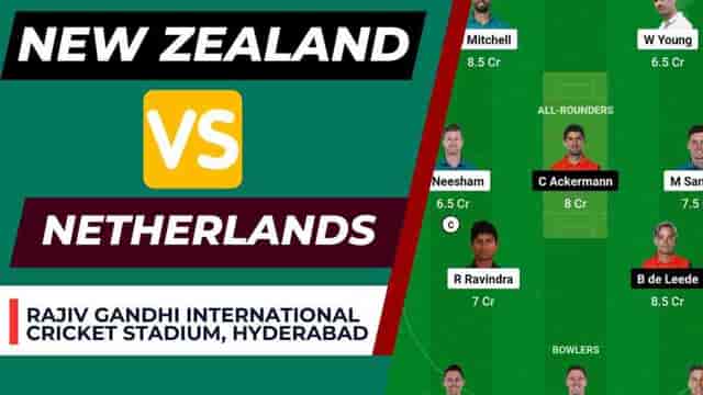 Image for NZ vs NED Dream11 Prediction 6th Match World Cup 2023 | New Zealand vs Netherlands Dream11 Team, Rajiv Gandhi International Cricket Stadium Pitch Report