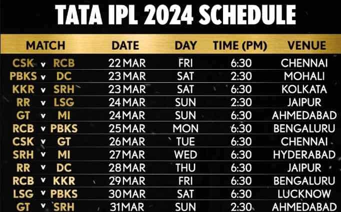 IPL 2024 Schedule announced, CSK to play RCB in the opening game