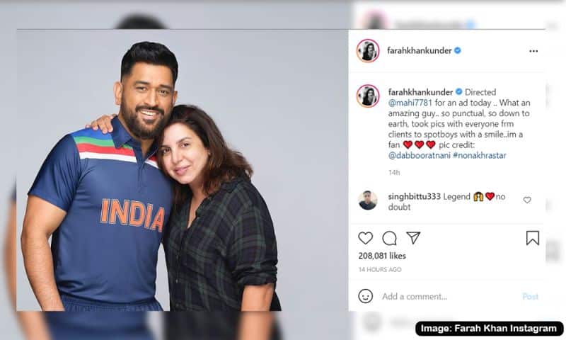 Famous Director Farah Khan with MS Dhoni. Latest MS Dhoni images in India’s retro jersey.