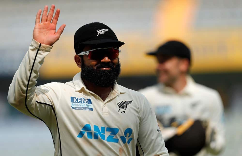 New Zealand spinner Azaj Patel scalped all 10 wickets in an innings against India in the Mumbai Test 2021. Image Source: Twitter