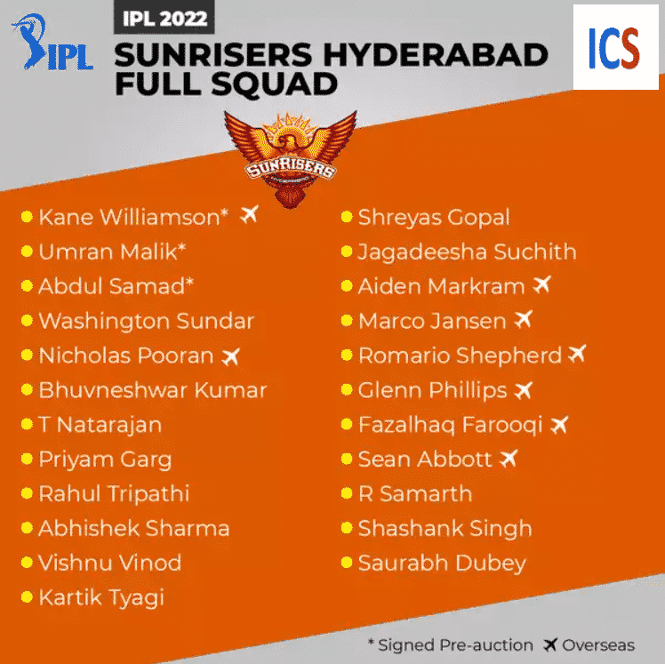 IPL2022 SRH Fulll Squad