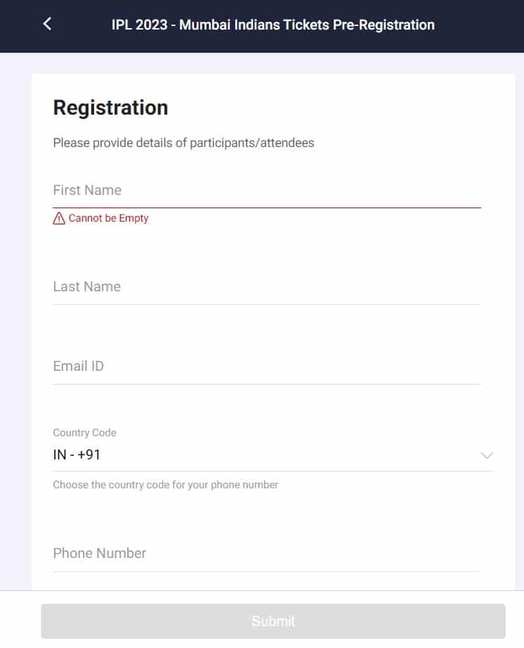 IPL 2023 Ticket Booking Pre Registration Form