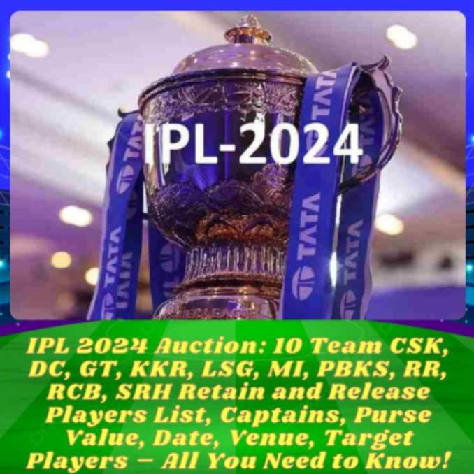 IPL 2024 Auction 10 Team CSK, DC, GT, KKR, LSG, MI, PBKS, RR, RCB, SRH Retain and Release Players List, Captains, Purse Value, Date, Venue, Target Players – All You Need to Know!