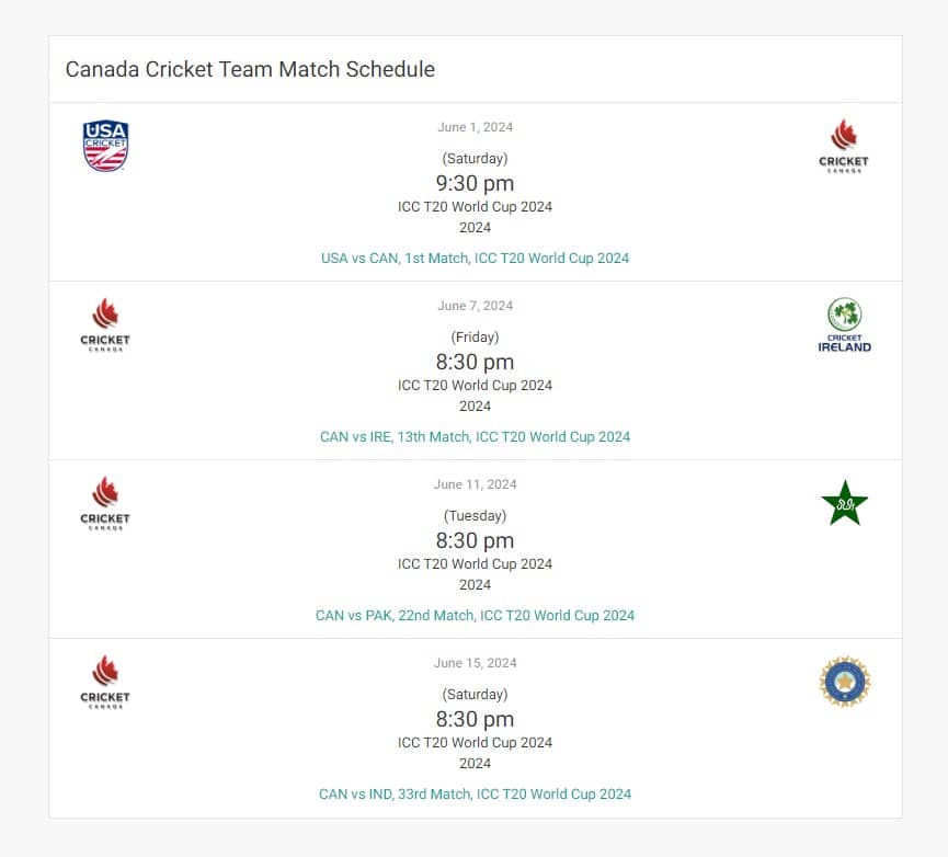 Canada Full Schedule