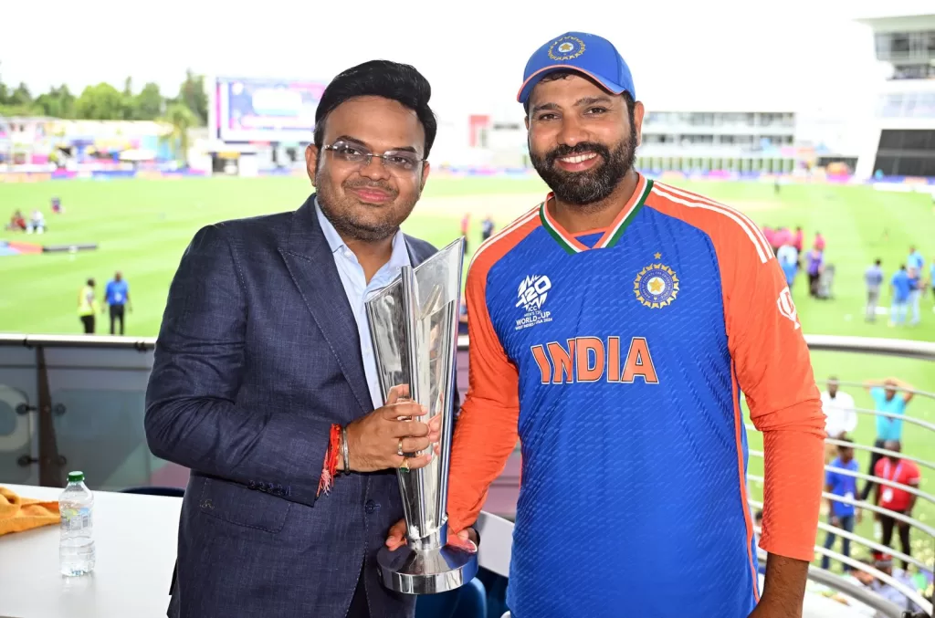 Rohit Sharma and Honorary Secretary, BCCI Jay Hah with T20 World Cup 2024